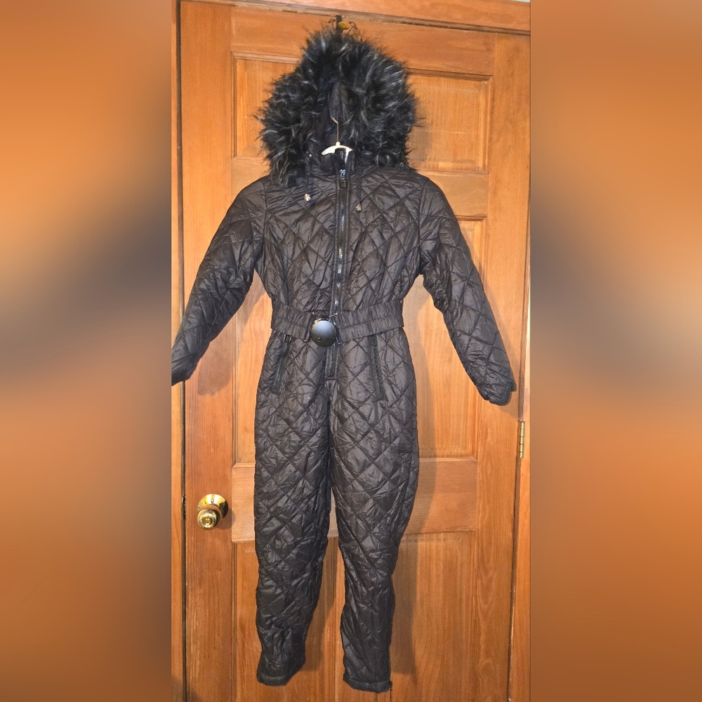 Kids Black Quilted Hooded Snowsuit Size 9/10 (140 EU) Girls